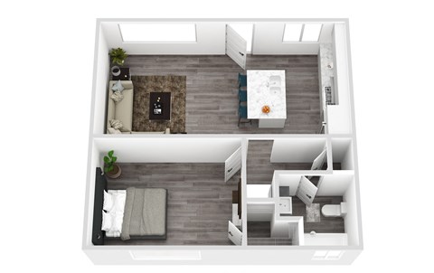 a 1 bedroom floorplan with a bathroom and a living room
